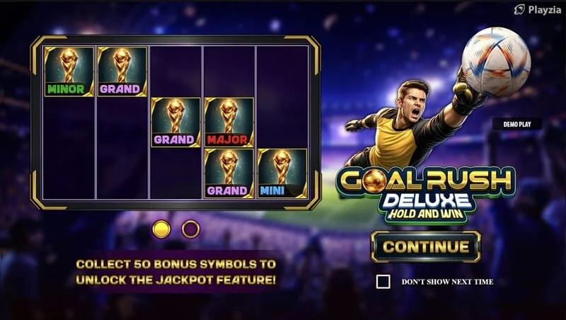 Goal Rush Deluxe - menú principal con carretes y gradas del estadio